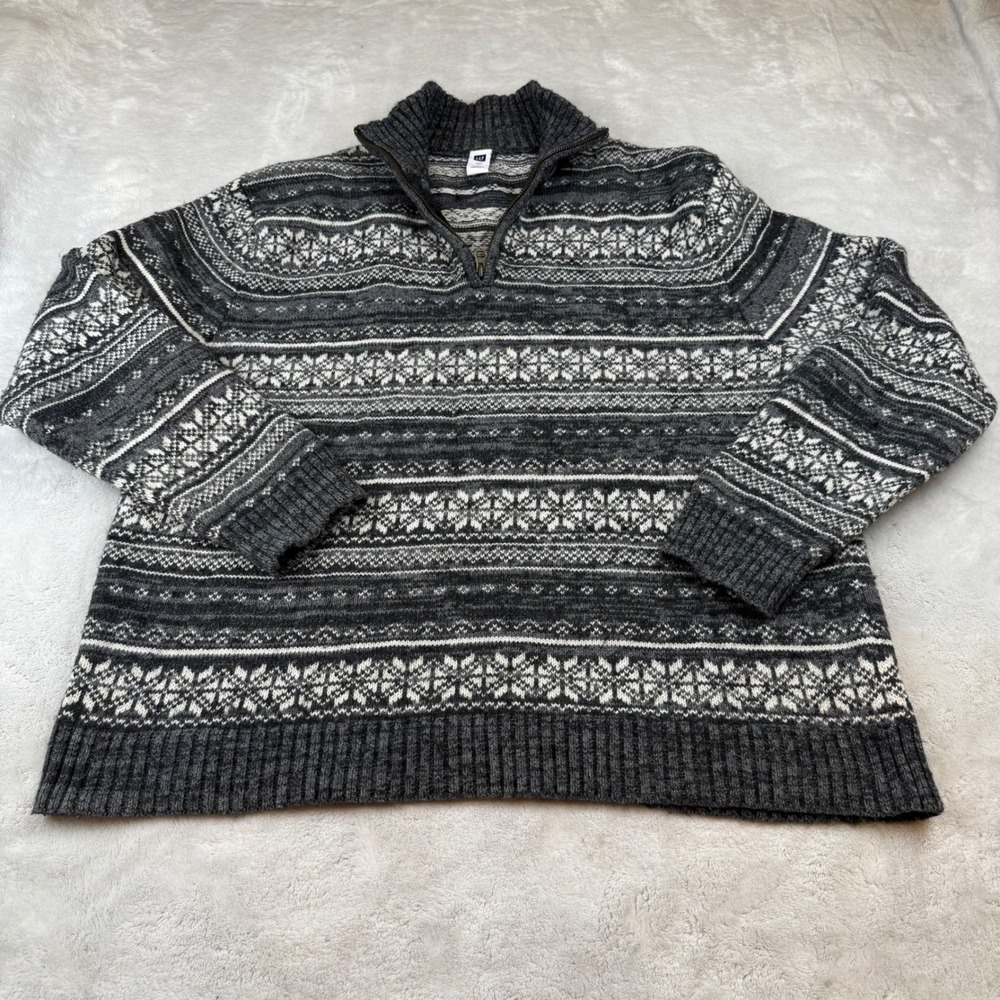 GAP Men's XL Fair Isle Snowflake‎ Quarter Zip Sweater Gray Wool Blend